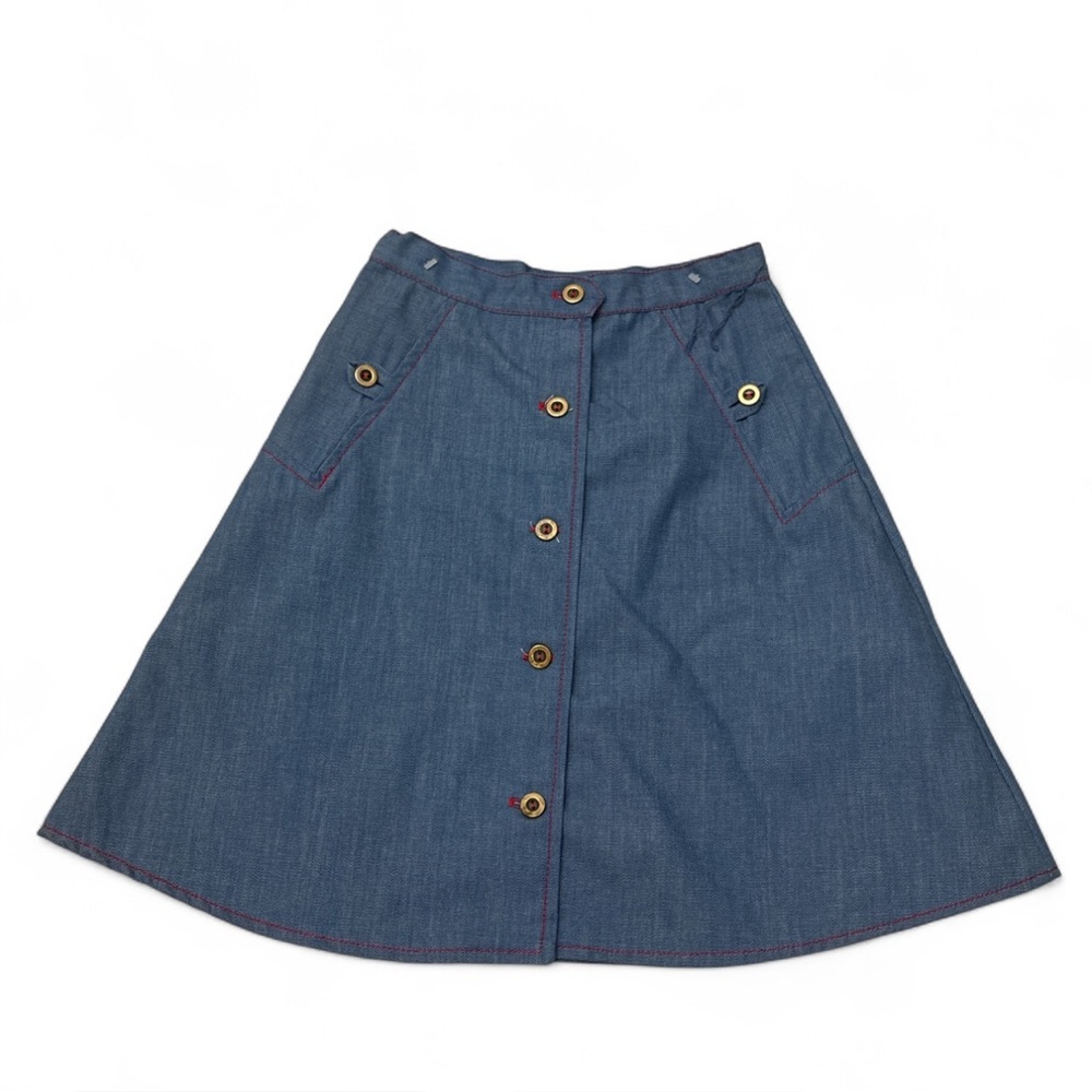 Vintage Sevilla Girl’s Denim Skirt Size 7 Button Front Blue Red Stitch NWT 1970s